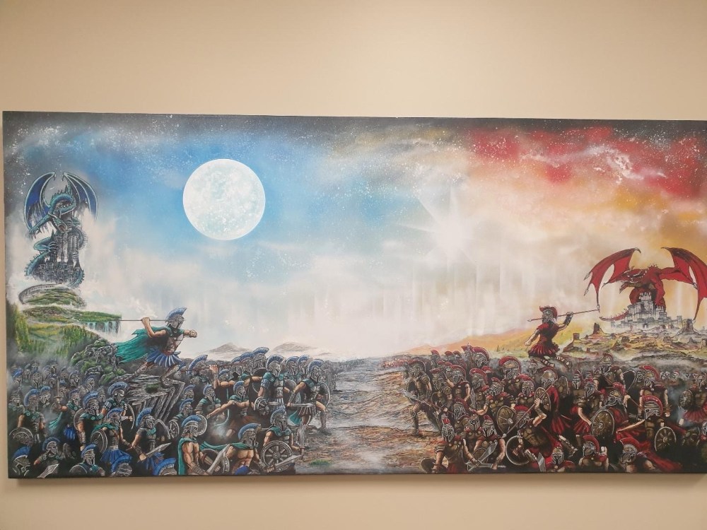 Wide surreal landscape painting with a moon and crowds of figures