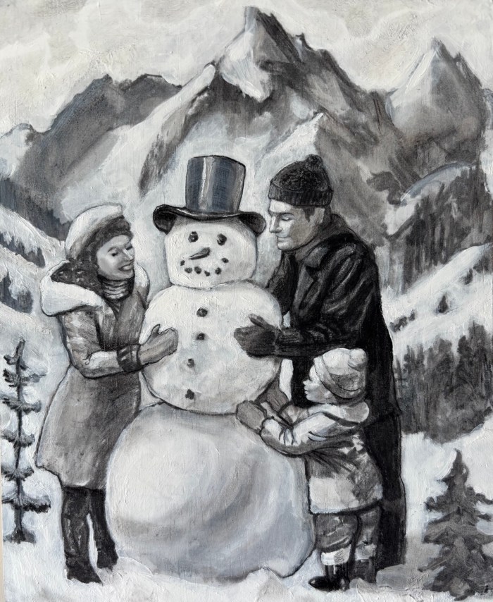 Painting of a family building a snowman